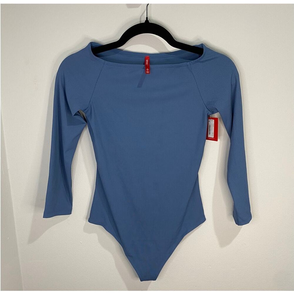 SPANX Long Sleeve Bodysuit Women’s SP Blue Ribbed Fitted Minimalist NWT
